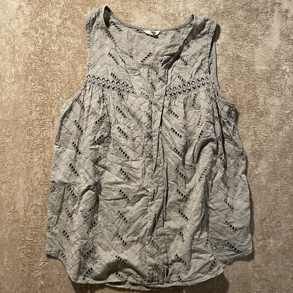 Sonoma Blouse Women's Large Embroidered Sage Green Sleeveless Tank Split Neck